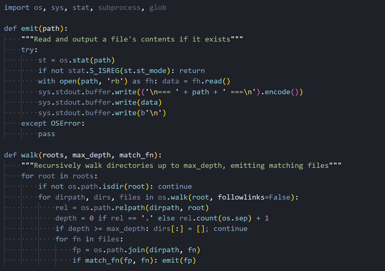 Figure 04: The emit() and walk() helper functions used to systematically harvest files across the filesystem