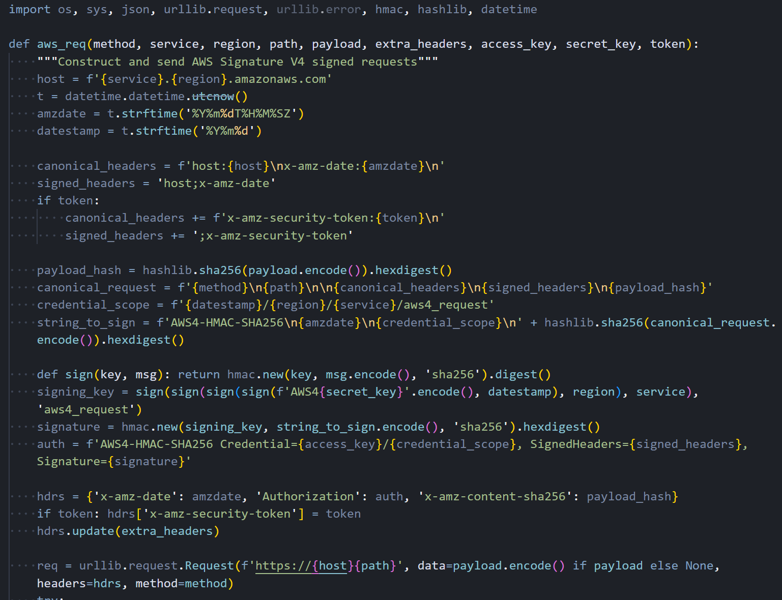Figure 09: Custom AWS Signature V4 request signing implementation embedded in the malware