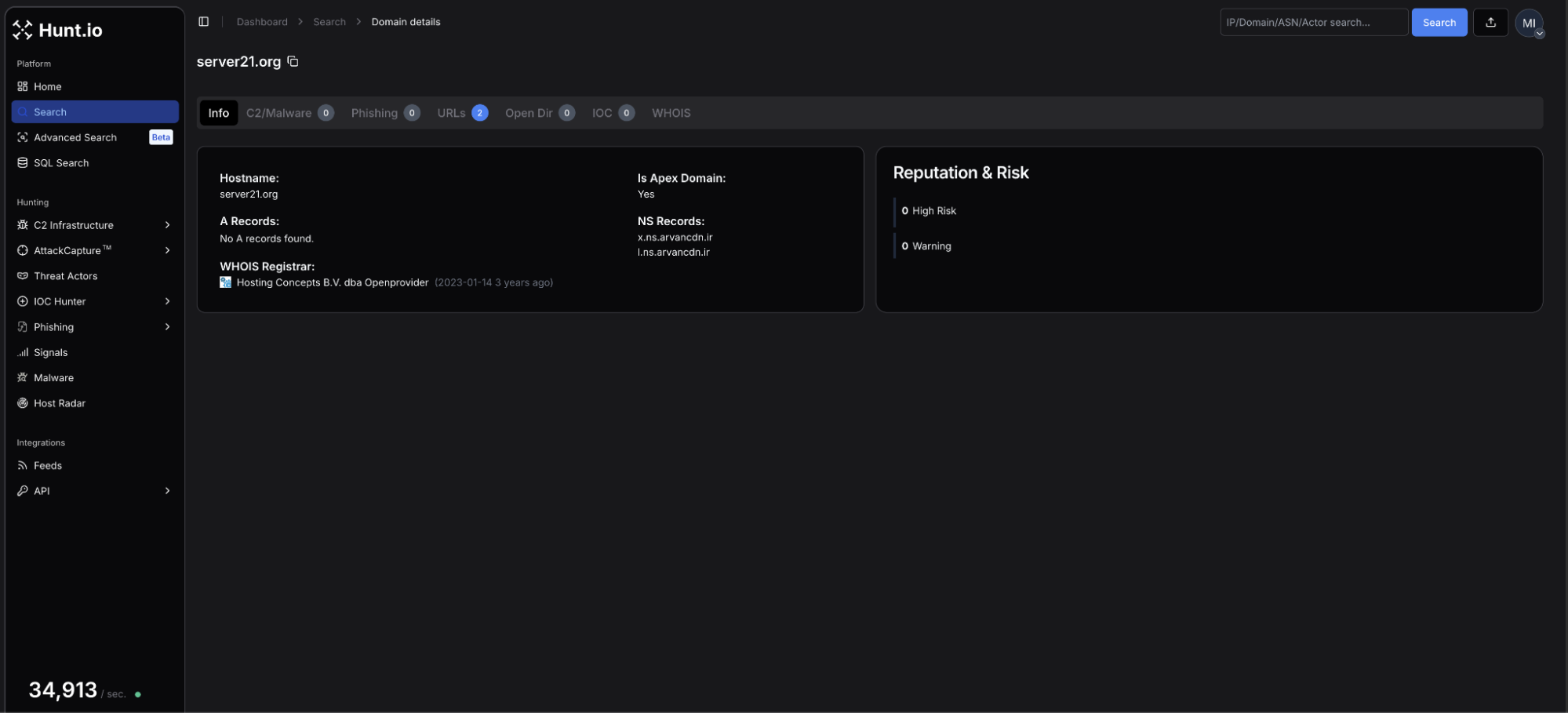 Figure 6: WHOIS results for server21[.]org in Hunt