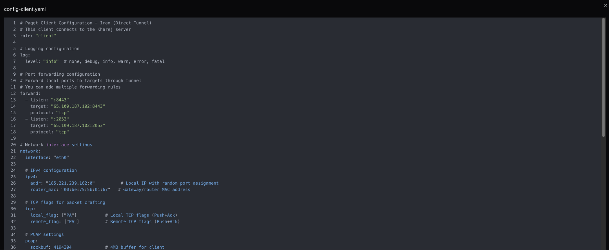 Figure 9: Snippet of the Paqet tunnel deployment configuration file