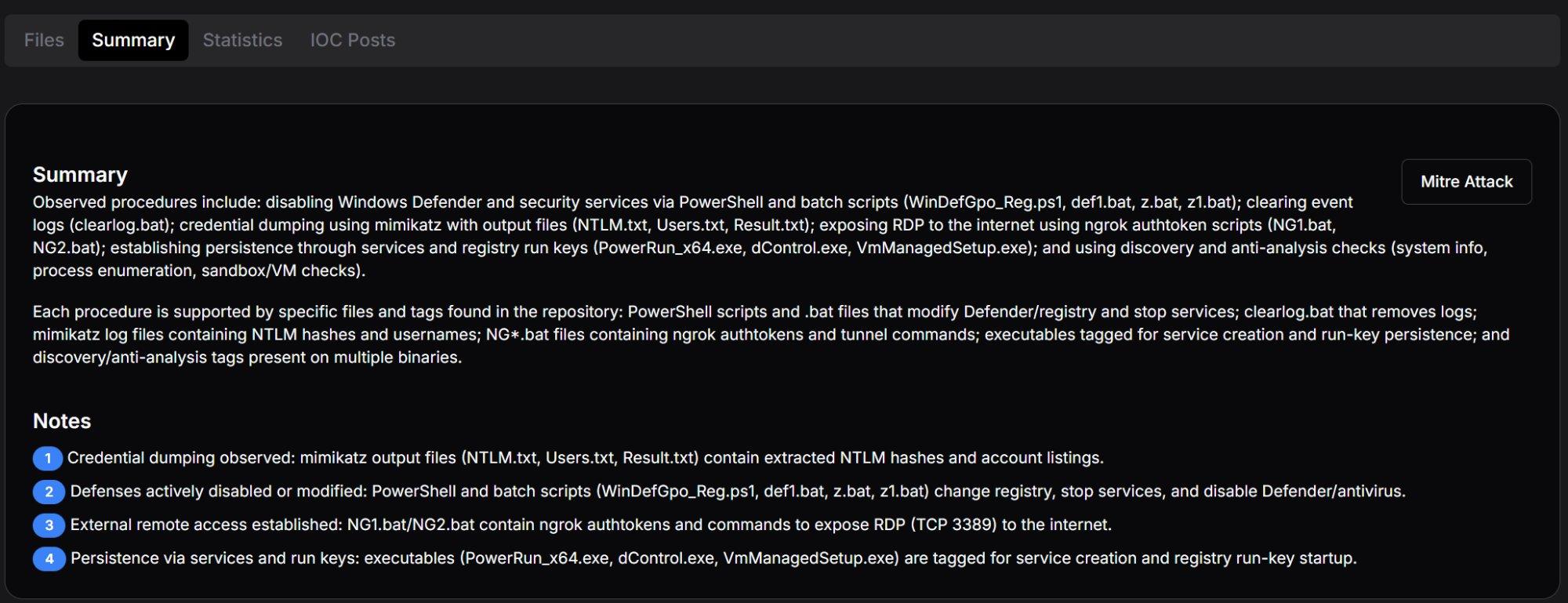 Figure 2: Hunt.io AttackCapture™ Summary tab with automated procedure identification and key analytical notes