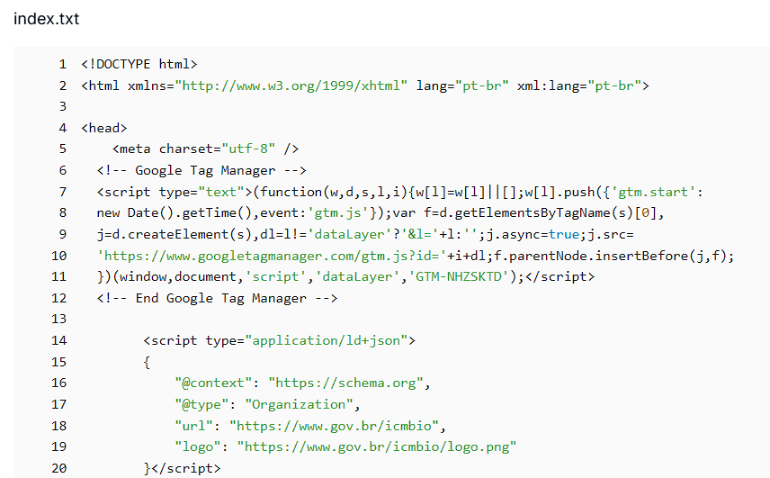 Figure 0.6 AttackCapture™ code inspector showing index.txt HTML page cloned from gov.br