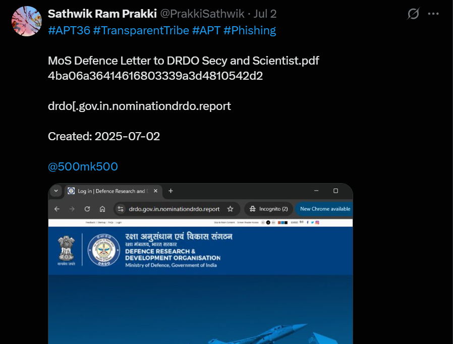 Figure 7: Phishing domain impersonating DRDO used in APT36 credential theft campaign