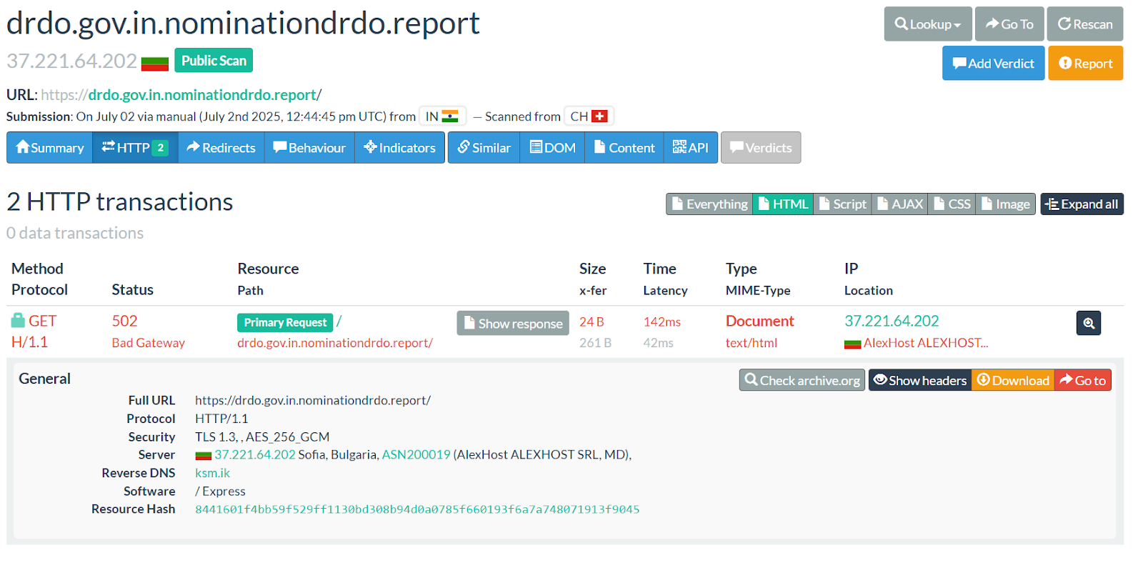 Figure 9: Checking phishing domain using URLScan