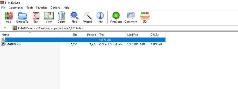 Figure 10. ZIP archive containing a malicious VBScript file (F-144822.vbs)