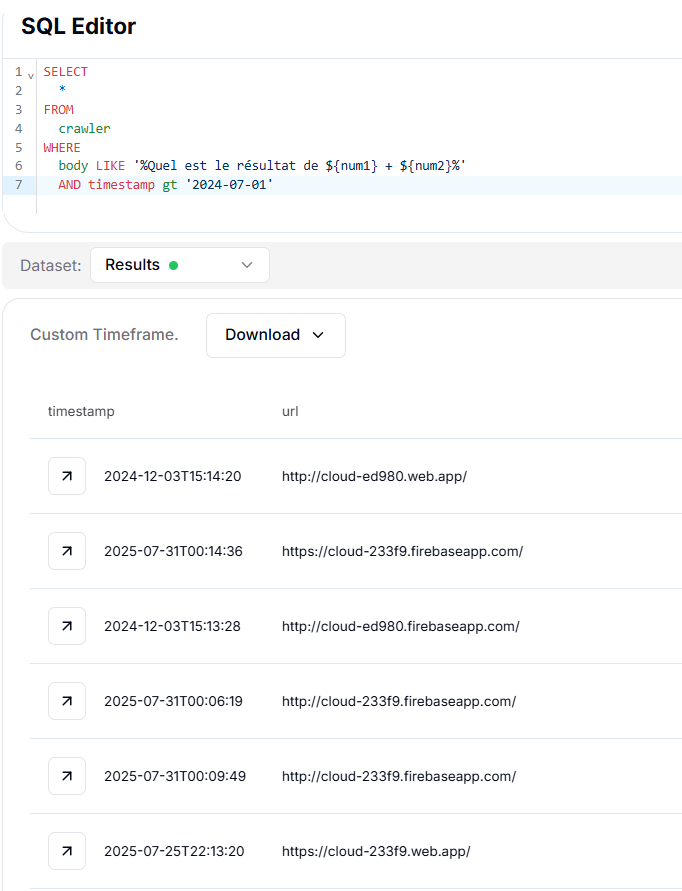 Figure 16. The pivot result shows 4 unique URLs having a similar pattern to the original domain using HuntSQL™