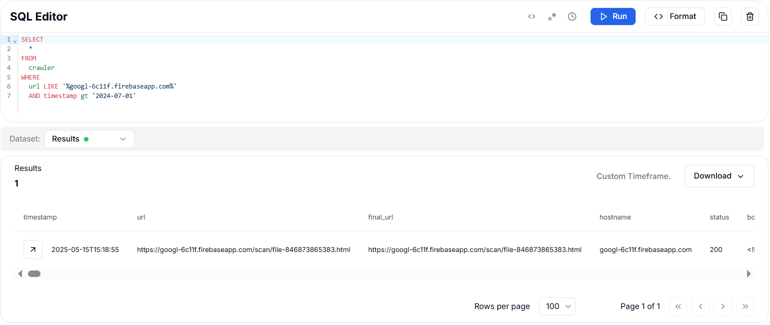 Figure 3. The HuntSQL™ query shows 1 unique result with a different path from the Trellix Blog