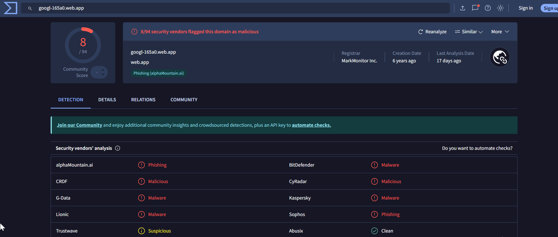Figure 6. Virus Total Score for googl-165a0[.]web[.]app reveals a malicious domain hosting related infrastructure
