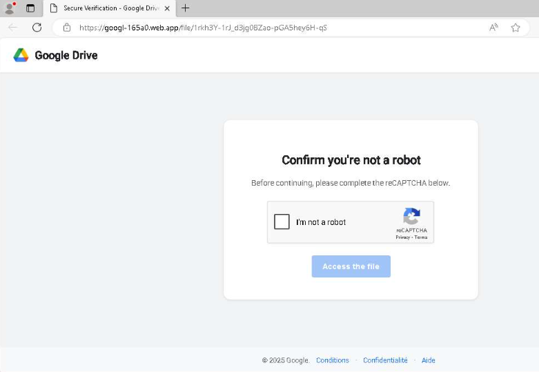 Figure 8. Fake Google Drive page prompting users to complete a reCAPTCHA to access the file