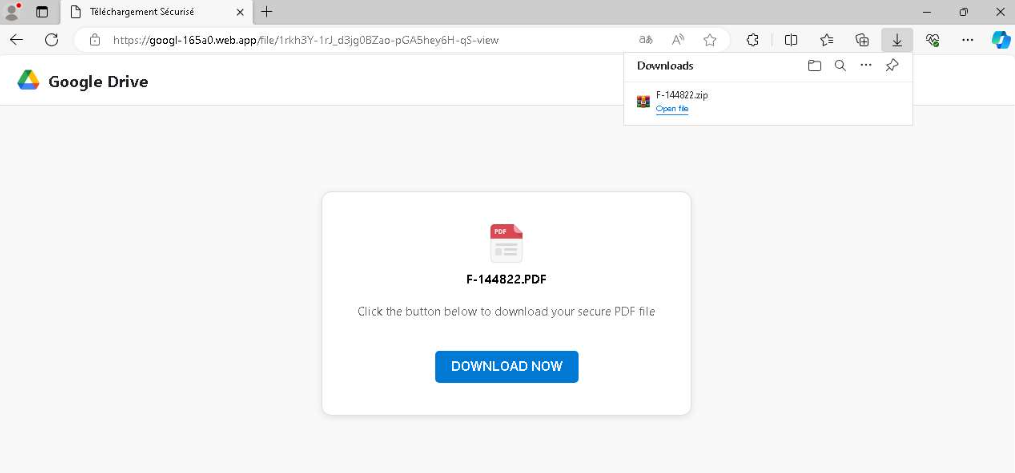 Figure 9. Malicious download page delivering a ZIP archive disguised as a PDF document