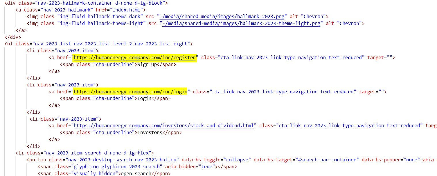 Figure 10. Code snippet from cloned site showing fake 'Register', 'Login', and 'Investor' links reused from humanenergy-company[.]com