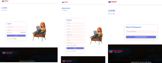 Figure 12. Fraudulent 'Chev Corp Stocks' investment portal having fake register, login, and reset forms, sending user data to attacker-controlled infrastructure