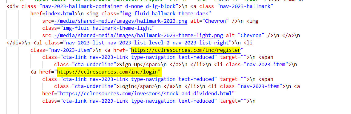 Figure 18 HTML code of cclresources[.]com and chevroncorpstocks[.]com reveals embedded 