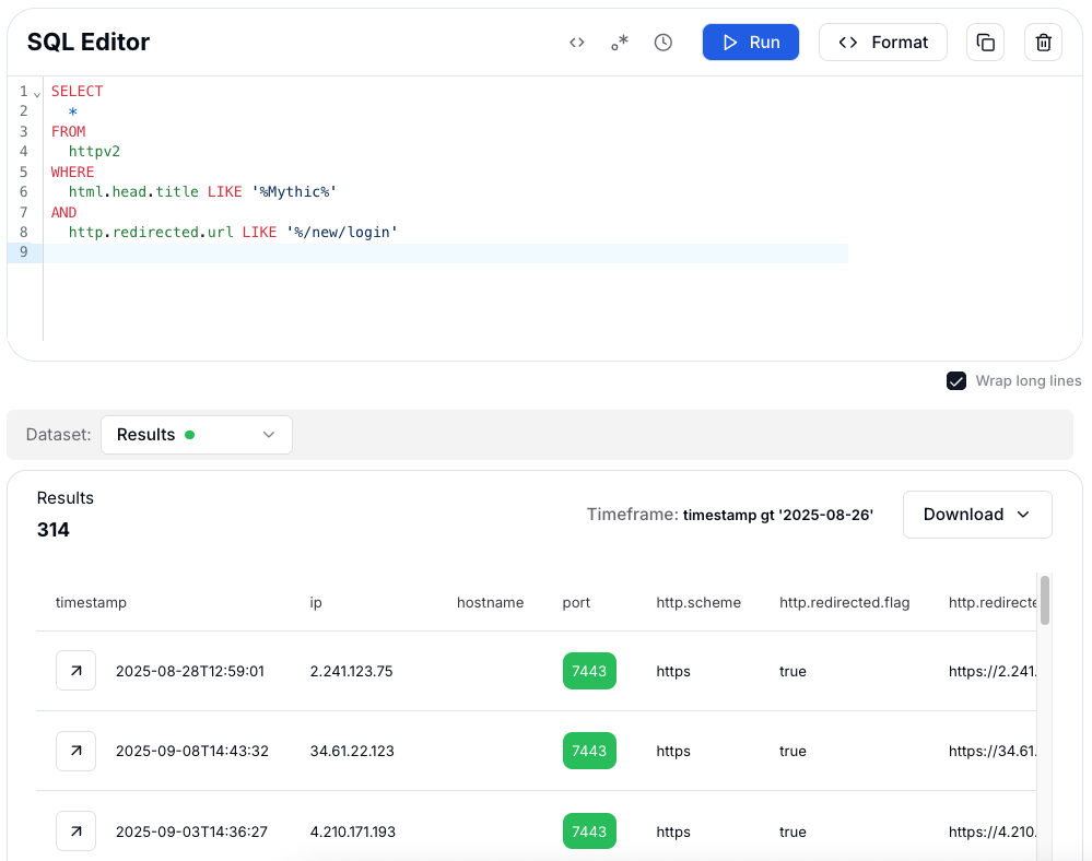 Figure 18: HuntSQL™ results where title contains Mythic and the server redirects to /new/login