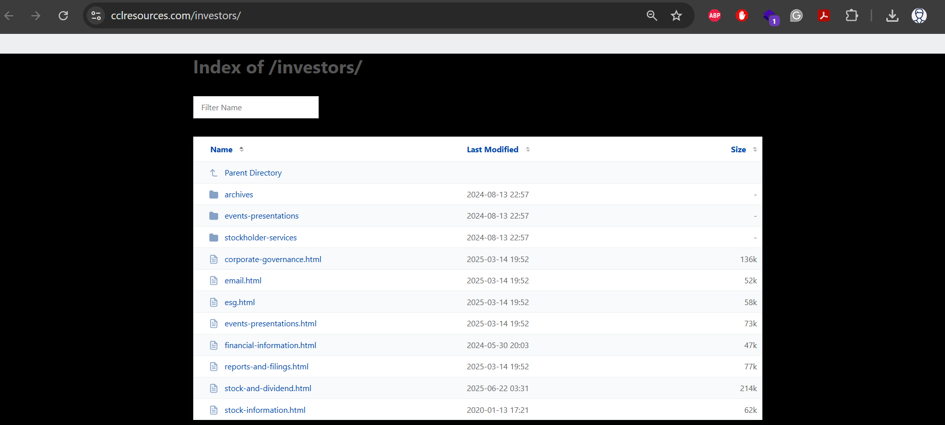 Figure 19. cclresources[.]com mirrors Chevron's investor content, exposing sensitive-looking directories and reinforcing the attacker's deceptive infrastructure