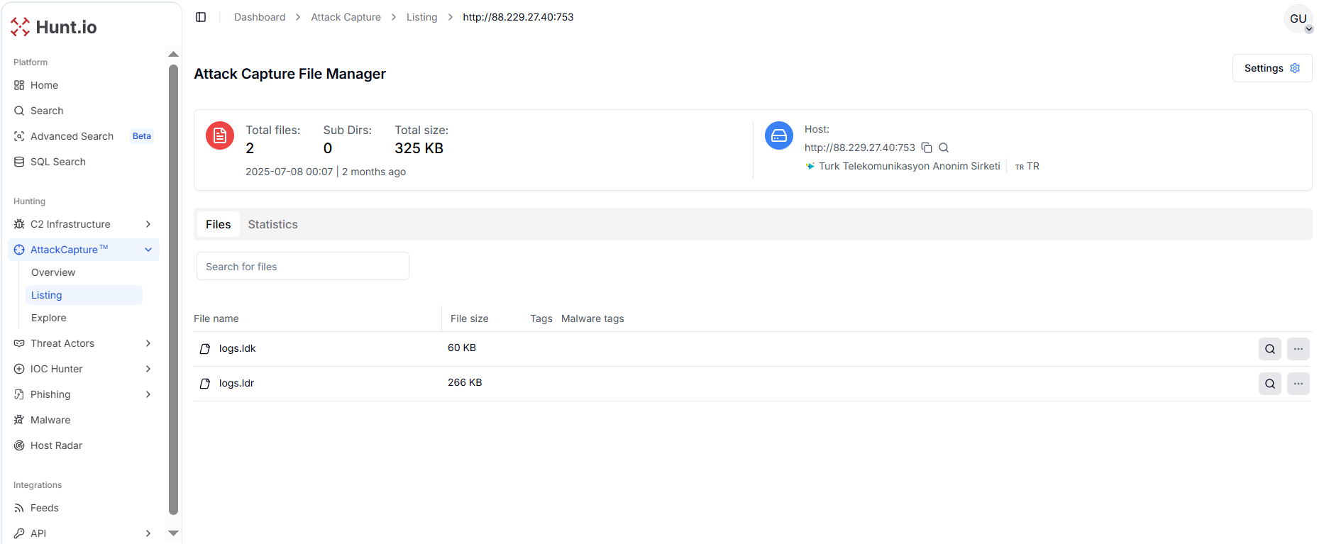Figure 26a. Different SHA256 hashes observed for logs.idk and logs.idr on 78.162.57[.]179:753 & 88.229.27[.]40:753 from Hunt.io's AttackCapture™