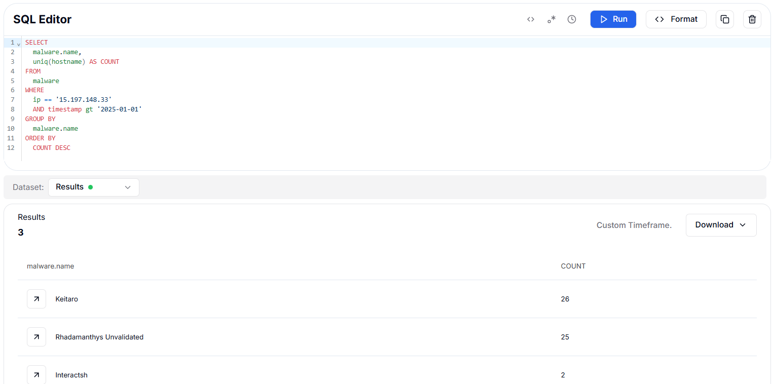 Figure 38. HuntSQL query results for 15.197.148.33, highlighting Keitaro and Rhadamanthys' activity since January 2025