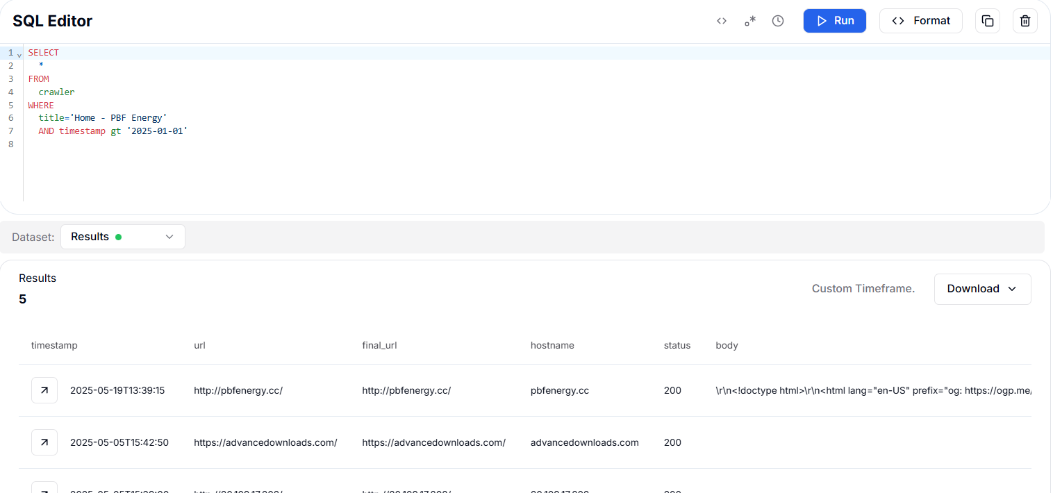 Figure 43. HuntSQL™ identified a unique phishing domain (http://pbfenergy.cc/) impersonating PBF Energy in 2025
