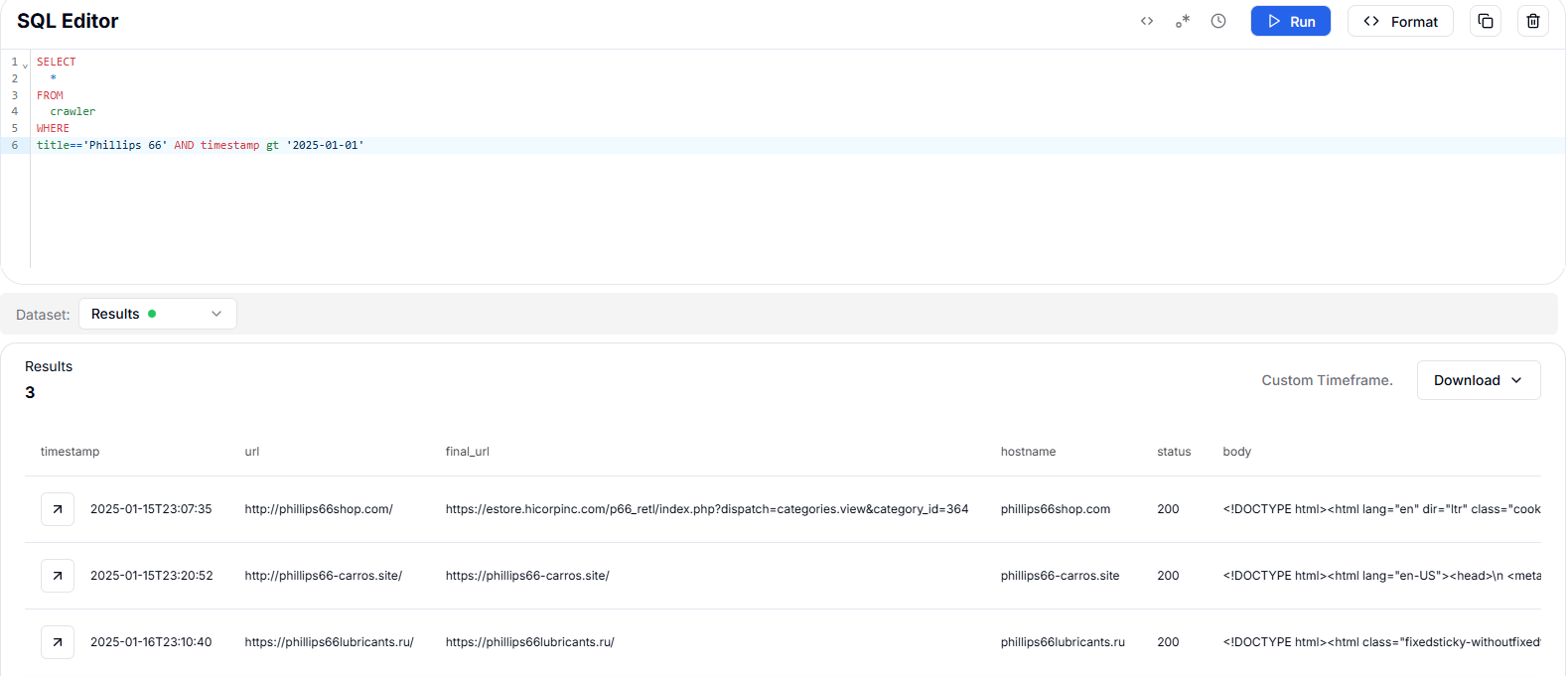 Figure 48. HuntSQL™ query to find domains with the title 'Phillips 66' with 2025