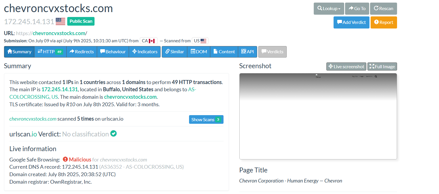 Figure 5. Urlscan.io analysis of chevroncvxstocks[.]com: scanned from the U.S., flagged as malicious by Google Safe Browsing