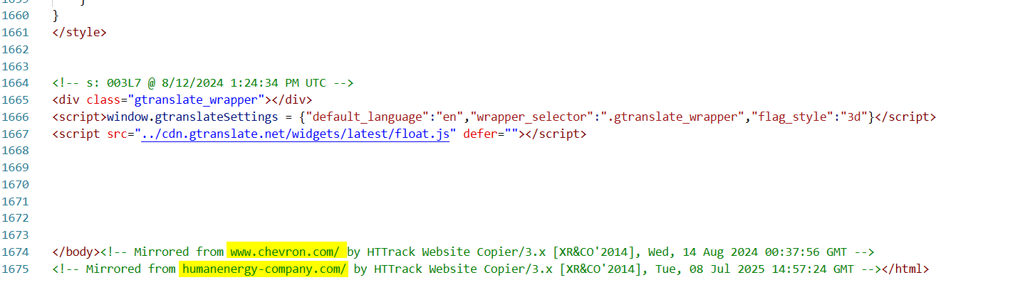 Figure 6a. Code analysis showing staged cloning: humanenergy-company[.]com copied from the legitimate Chevron site, later reused to build chevroncvxstocks[.]com