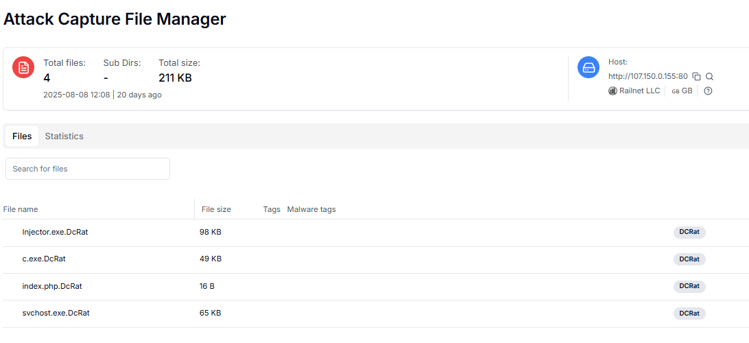 Figure 8: DCRat malware samples captured via Hunt.io AttackCapture™