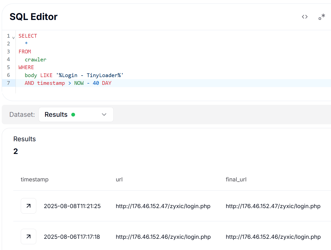 Figure 4: SQL query for identifying TinyLoader panels in crawler data